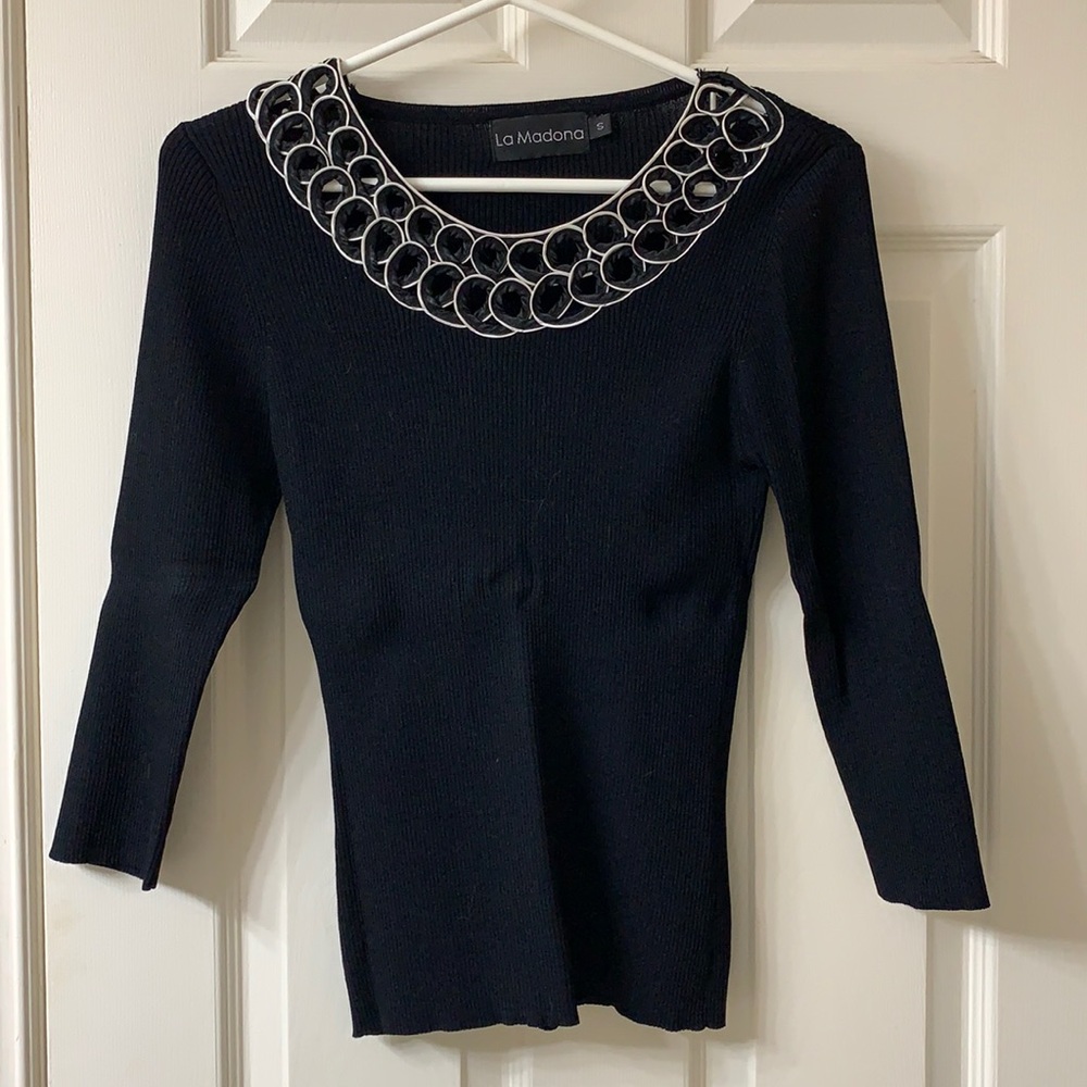 🌷3 for $25🌷La Madona, US S, Black & White Ribbon Collar 3/4 Sleeve Knit Top